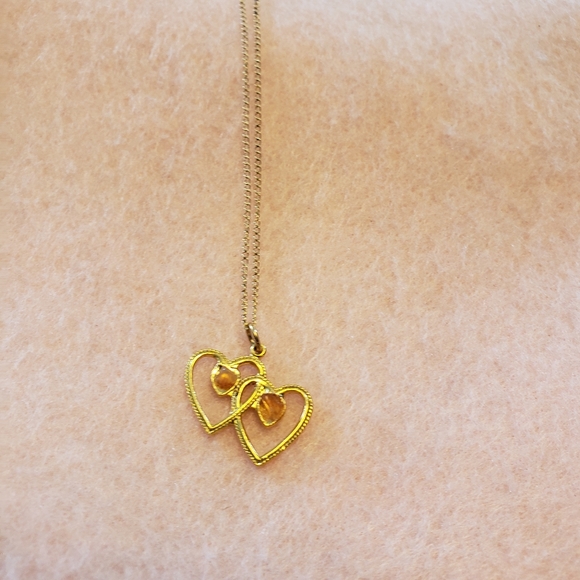 Double Heart Carnelian Gemstone Pendant Necklace on Gold Chain - Picture 3 of 8